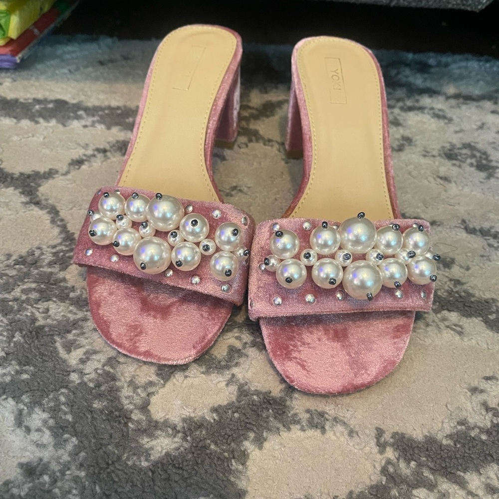 Yoki Pink Velvet Heels with Pearl Accents